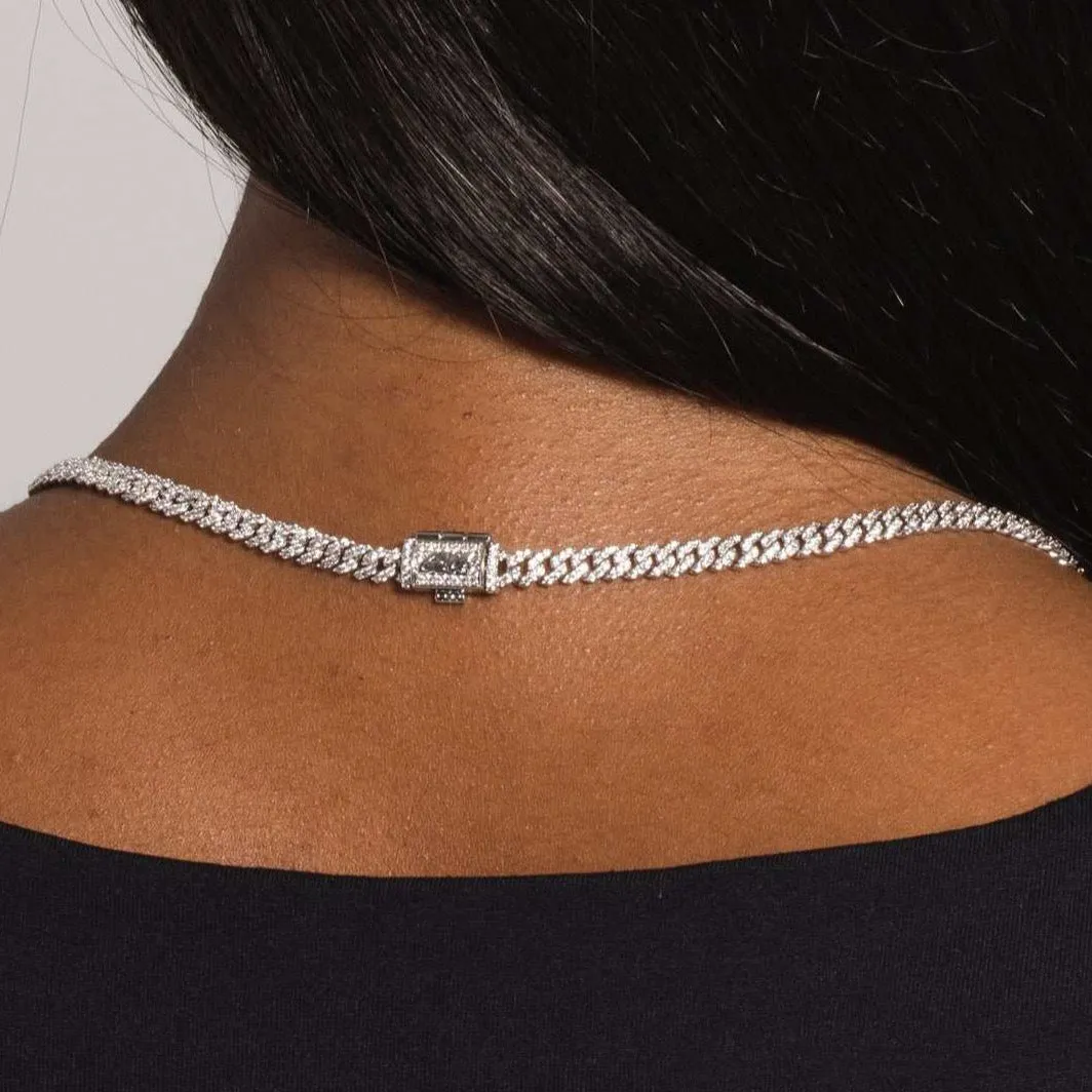 Micro Diamond Prong Cuban Necklace - White Gold