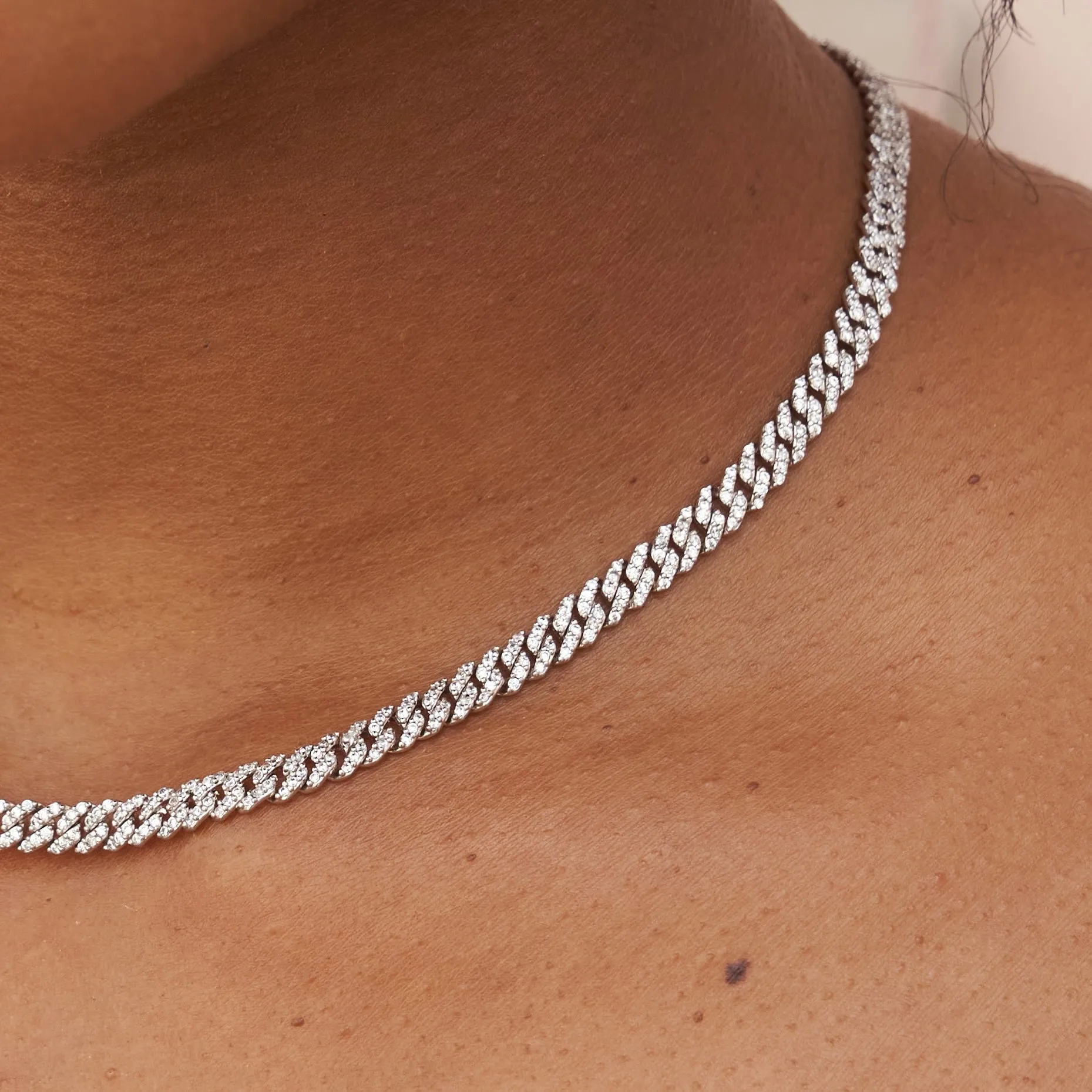 Micro Diamond Prong Cuban Necklace - White Gold