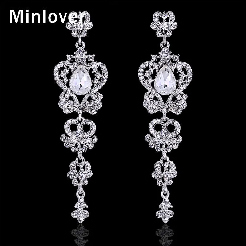 Minlover Austrian Crystal Platinum Plated Chandelier  Earrings Bridal Long Drop Wedding Earrings for Women EH163