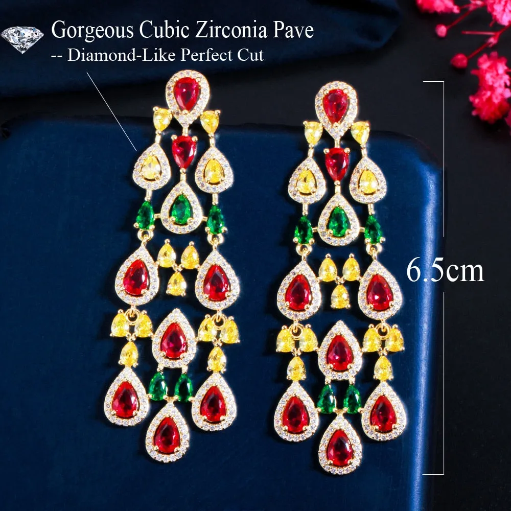 Multicolor CZ Dangle Tassel Water Drop Long Chandelier Earrings