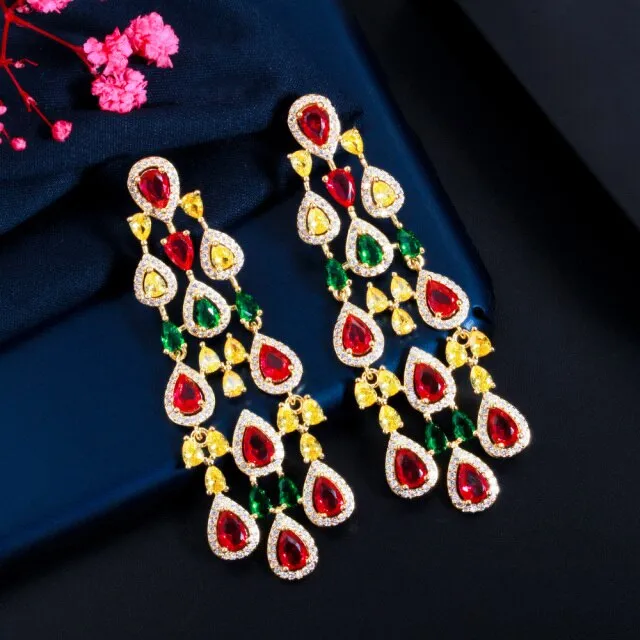 Multicolor CZ Dangle Tassel Water Drop Long Chandelier Earrings