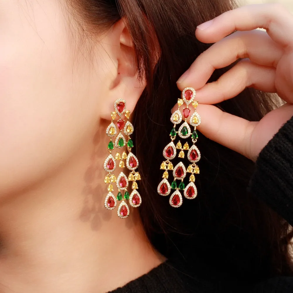 Multicolor CZ Dangle Tassel Water Drop Long Chandelier Earrings