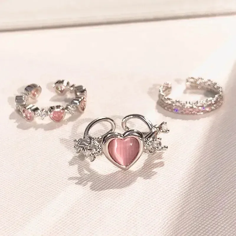 New 3pcs Fashion Love Heart Zircon Open Rings Set for Women Gothic Sweet Girls Geometric Finger Rings Jewelry Accessories