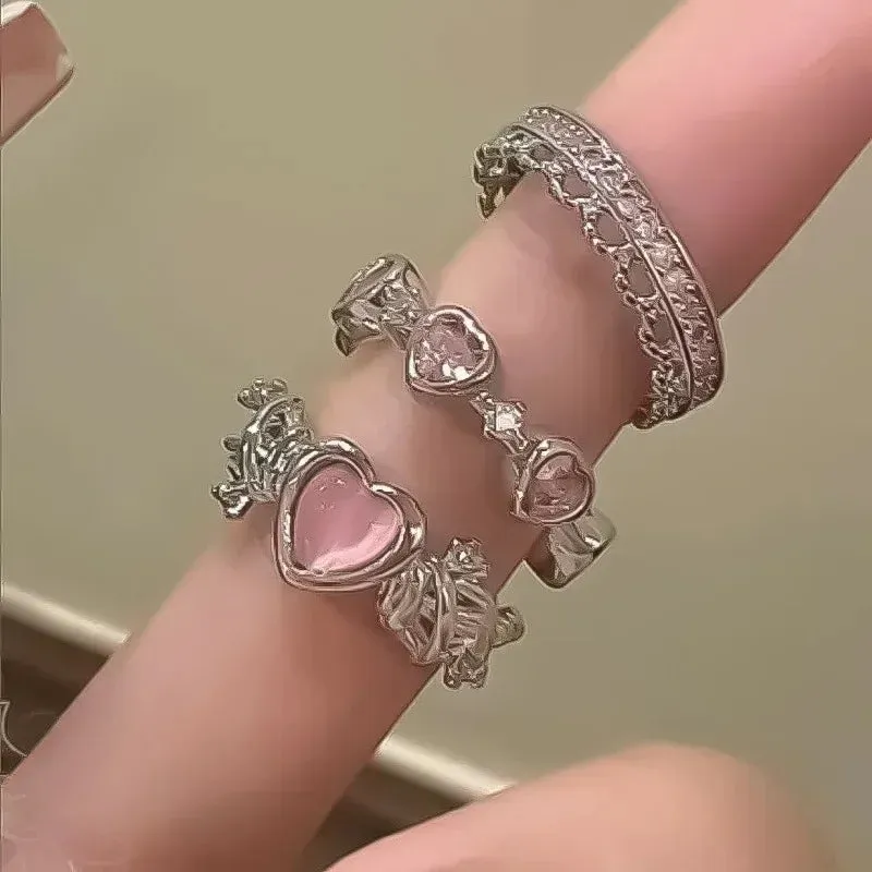 New 3pcs Fashion Love Heart Zircon Open Rings Set for Women Gothic Sweet Girls Geometric Finger Rings Jewelry Accessories