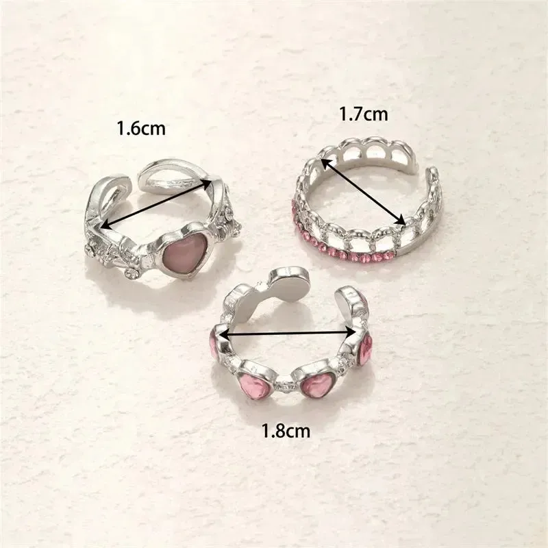 New 3pcs Fashion Love Heart Zircon Open Rings Set for Women Gothic Sweet Girls Geometric Finger Rings Jewelry Accessories