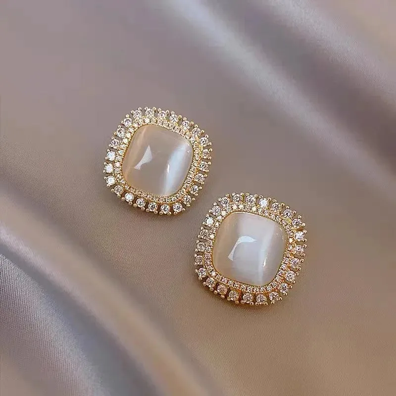 New Zircon Opal Stone Gold Color Personality Fashion Simple Retro Stud Wedding 2024 Earring