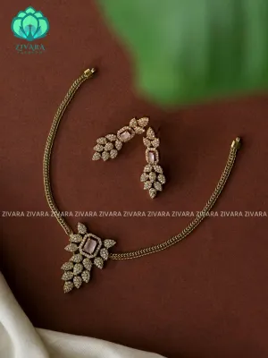 PINK Flexible chain LEAF pendant -Traditional south indian premium neckwear with earrings- Zivara Fashion- latest jewellery design.