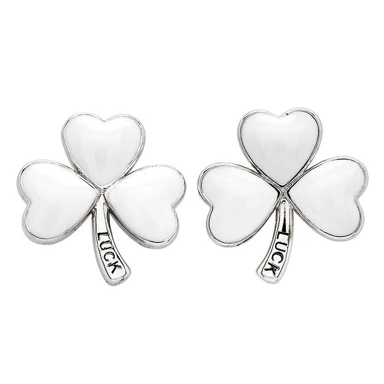 Platinum Plated Shamrock White Enamel Earrings