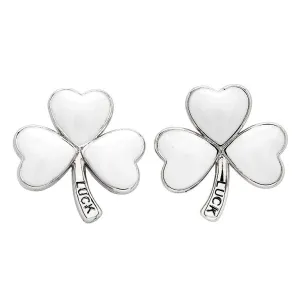 Platinum Plated Shamrock White Enamel Earrings