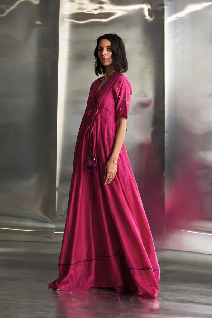 Pop Pink Tie-Up Anarkali with Jogger