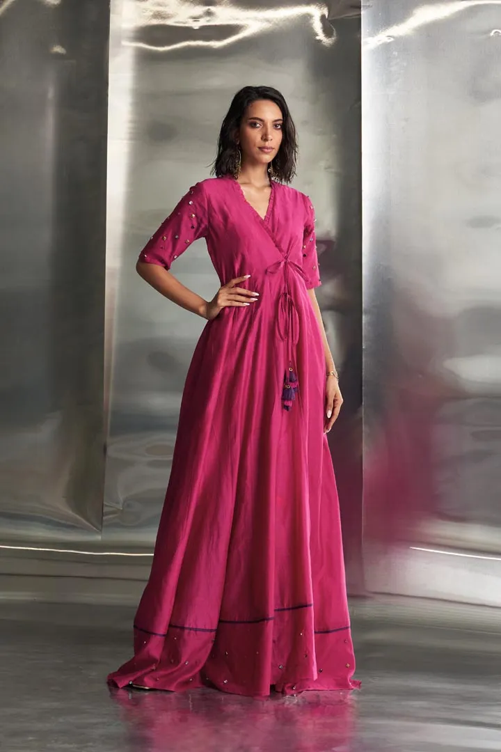 Pop Pink Tie-Up Anarkali with Jogger