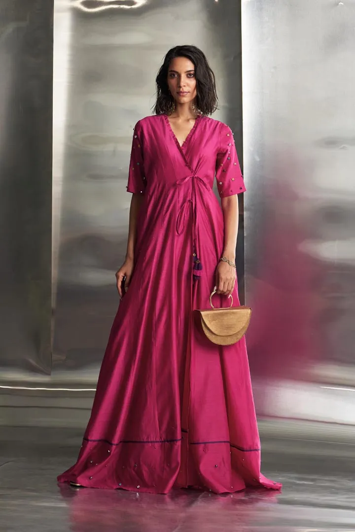 Pop Pink Tie-Up Anarkali with Jogger