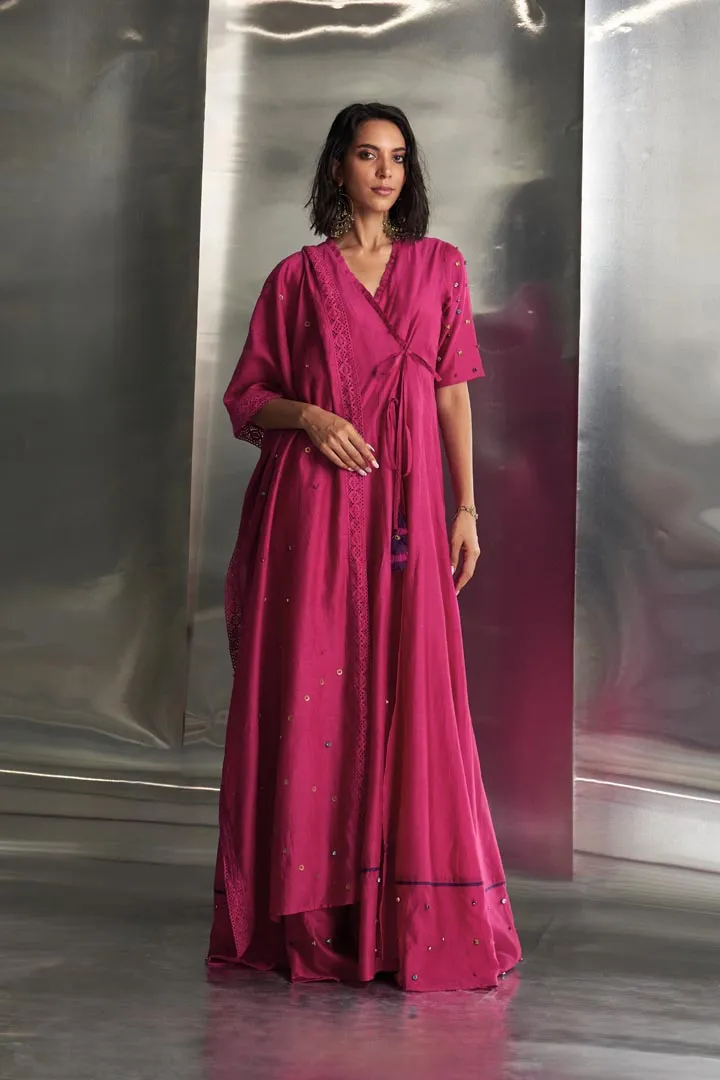 Pop Pink Tie-Up Anarkali with Jogger