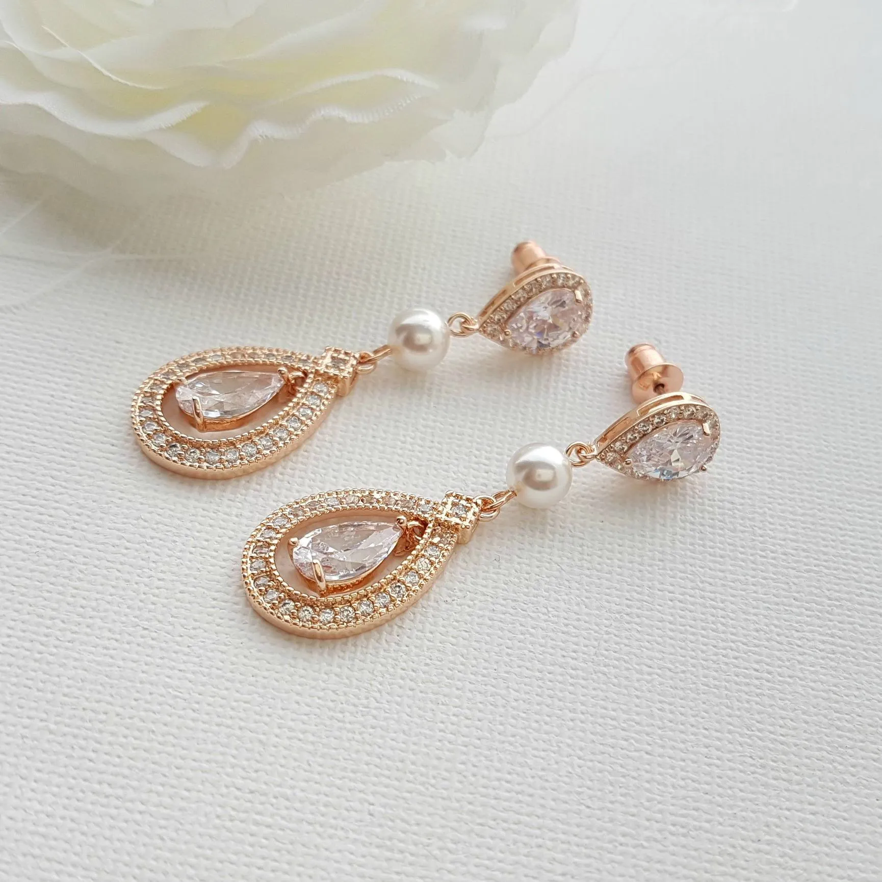 Rose Gold Bridal Earrings in Pearls & Cubic Zirconia-Sarah