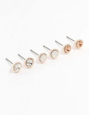 Rose Gold Encased Diamante Stud Earrings 3-Pack