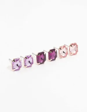 Rose Gold Rectangular Diamante Stud Earrings 3-Pack