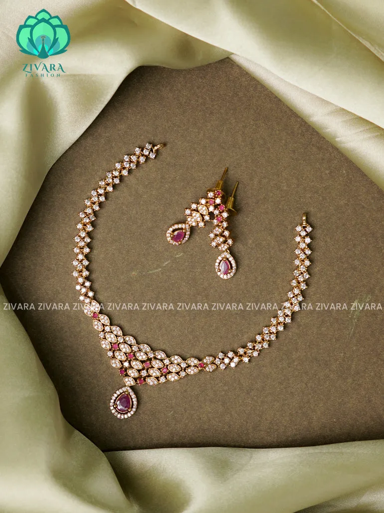 Ruby - Diamond look alike  stone pendant - stylish and minimal elegant neckwear with earrings- Zivara Fashion