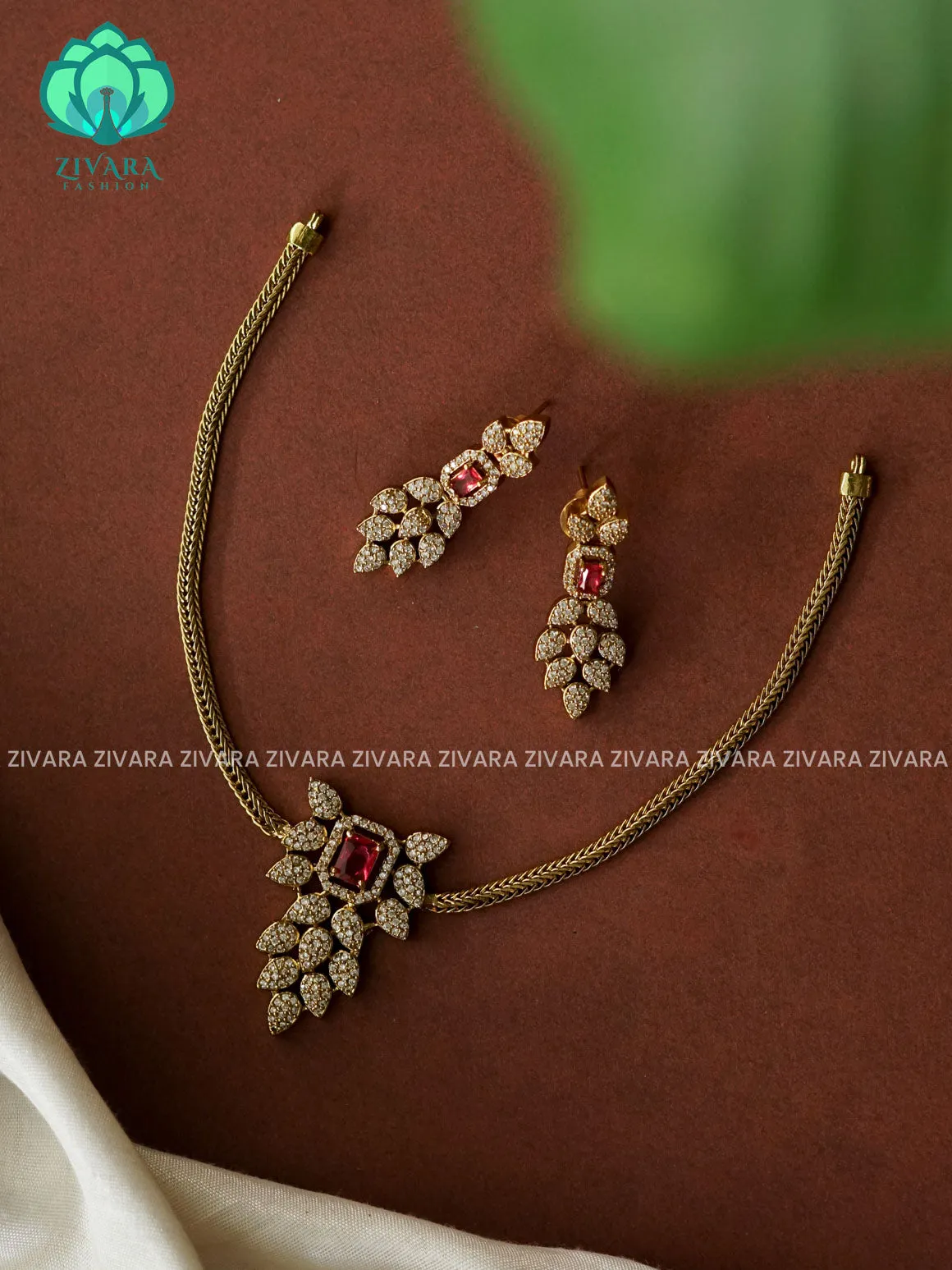 RUBY Flexible chain LEAF pendant -Traditional south indian premium neckwear with earrings- Zivara Fashion- latest jewellery design.