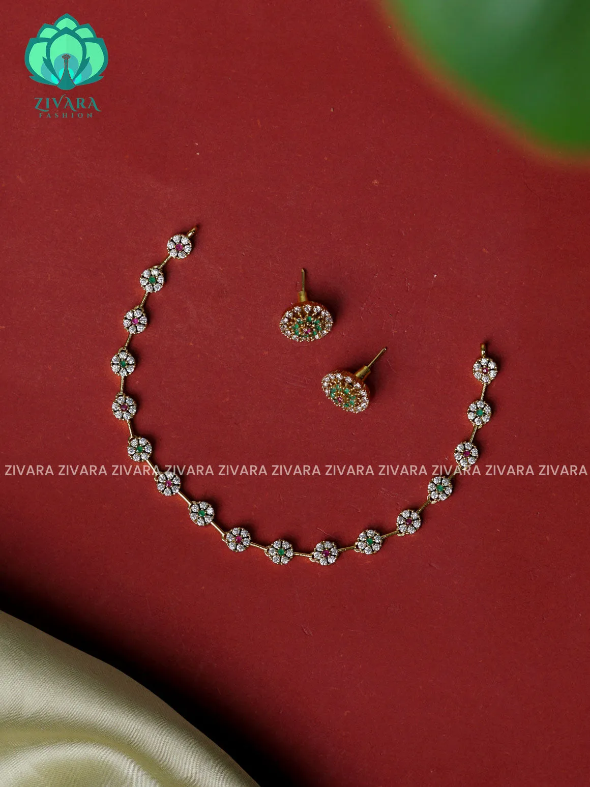 RUBY GREEN WHITE - SIMPLE FLORAL  - stylish and minimal elegant neckwear with earrings- Zivara Fashion