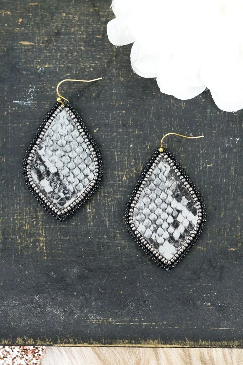 SALE! Black and Silver Snakeskin Seed Bead Teardrop Earrings