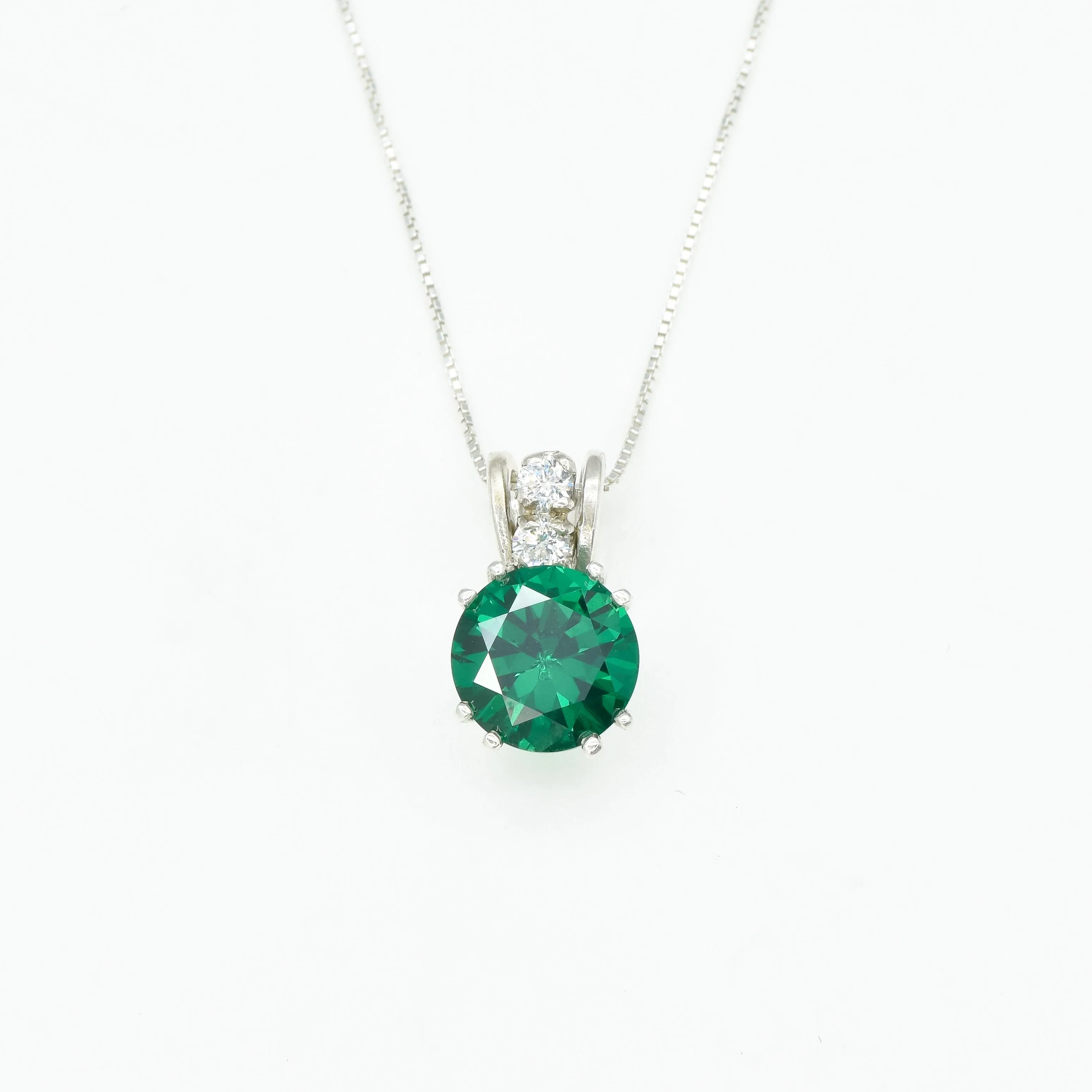 Silver Emerald Necklace - Round Emerald Pendant - Green Vintage Pendant