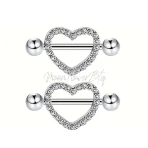 Silver Sparkly Heart Rhinestone Nipple Rings