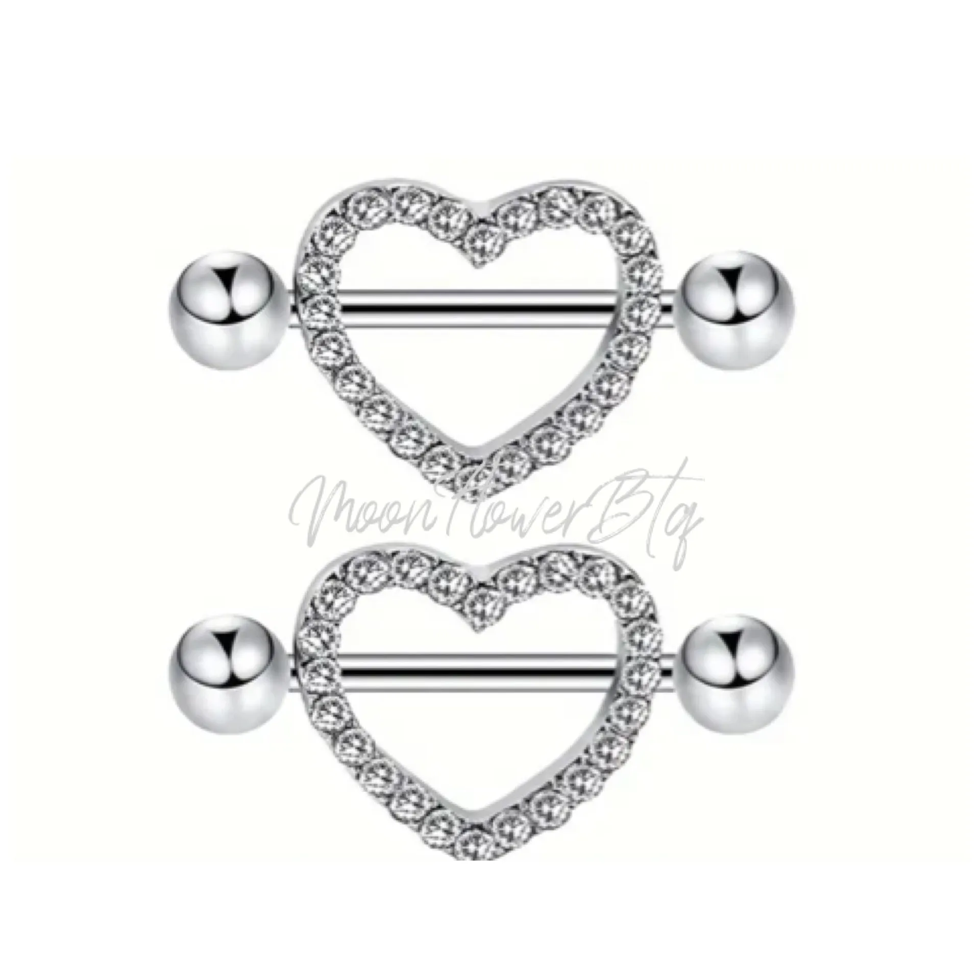 Silver Sparkly Heart Rhinestone Nipple Rings