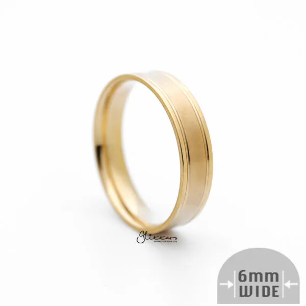 Stainless Steel 6mm Wide Brushed Center Band Ring - Gold