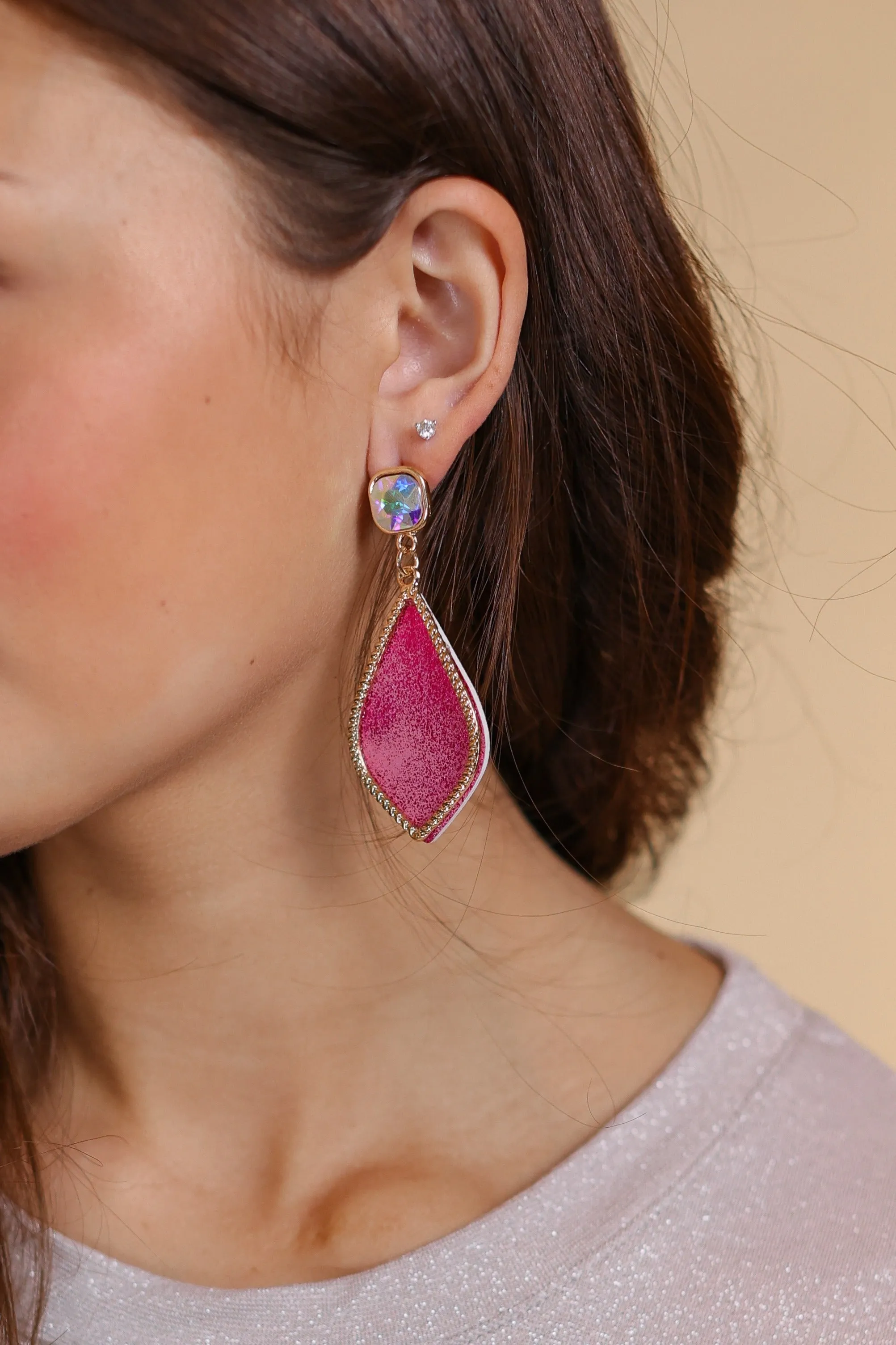 Too Strong to be Dainty Teardrop Earrings with Gold Casing, Fuchsia