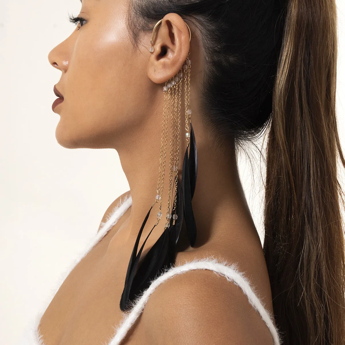 Trendy Feather Tassel Chain Earrings from Vienna Verve