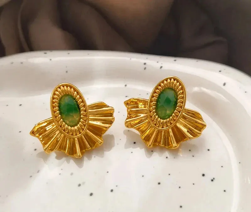 VAIGE Elegant Green Resin Gold-Tone Vintage Stud Earrings