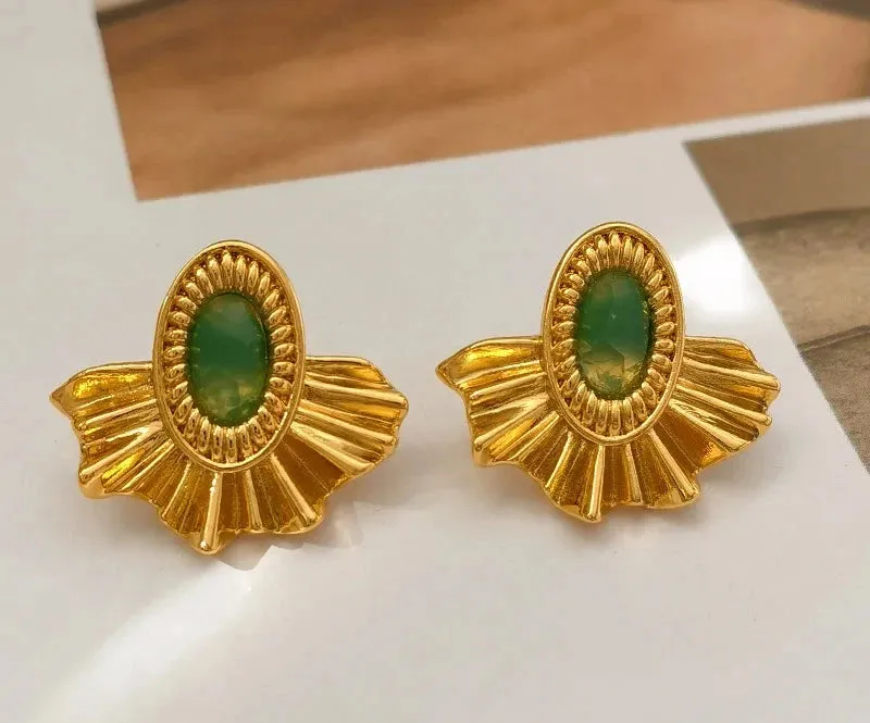 VAIGE Elegant Green Resin Gold-Tone Vintage Stud Earrings