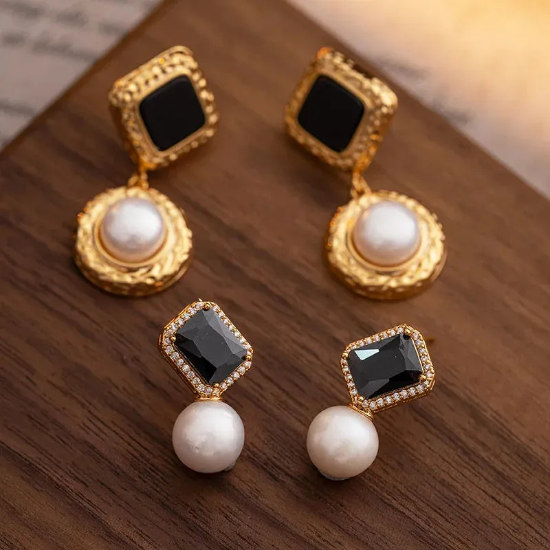 VAIGE Elegant Vintage Black Pearl Drop Earrings