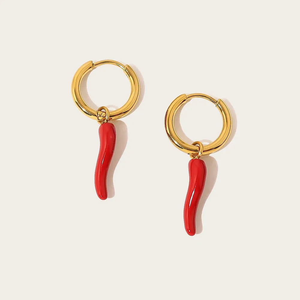 VAIGE Trendy Stainless Steel Hoop Earrings with Creative Enamel Red Chili Pepper Charm, 18K Gold Plated Fashion Jewelry