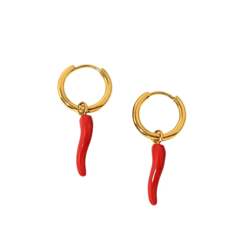 VAIGE Trendy Stainless Steel Hoop Earrings with Creative Enamel Red Chili Pepper Charm, 18K Gold Plated Fashion Jewelry