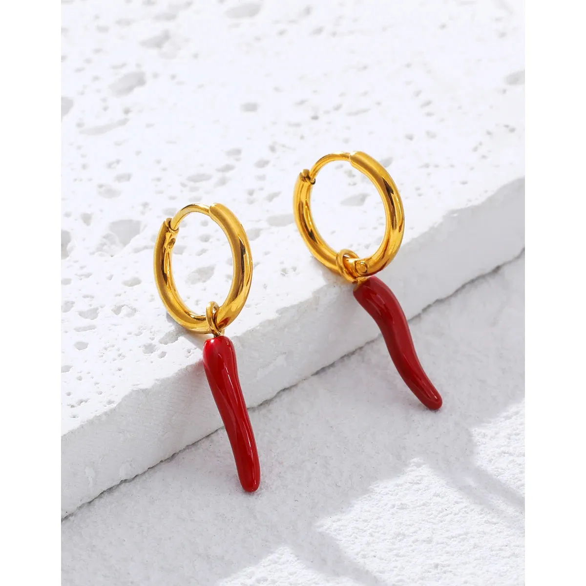 VAIGE Trendy Stainless Steel Hoop Earrings with Creative Enamel Red Chili Pepper Charm, 18K Gold Plated Fashion Jewelry