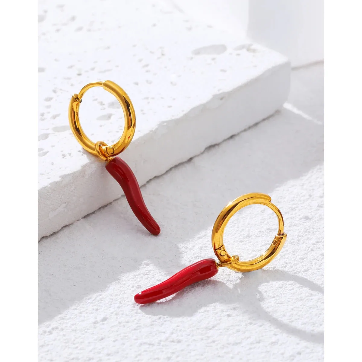 VAIGE Trendy Stainless Steel Hoop Earrings with Creative Enamel Red Chili Pepper Charm, 18K Gold Plated Fashion Jewelry