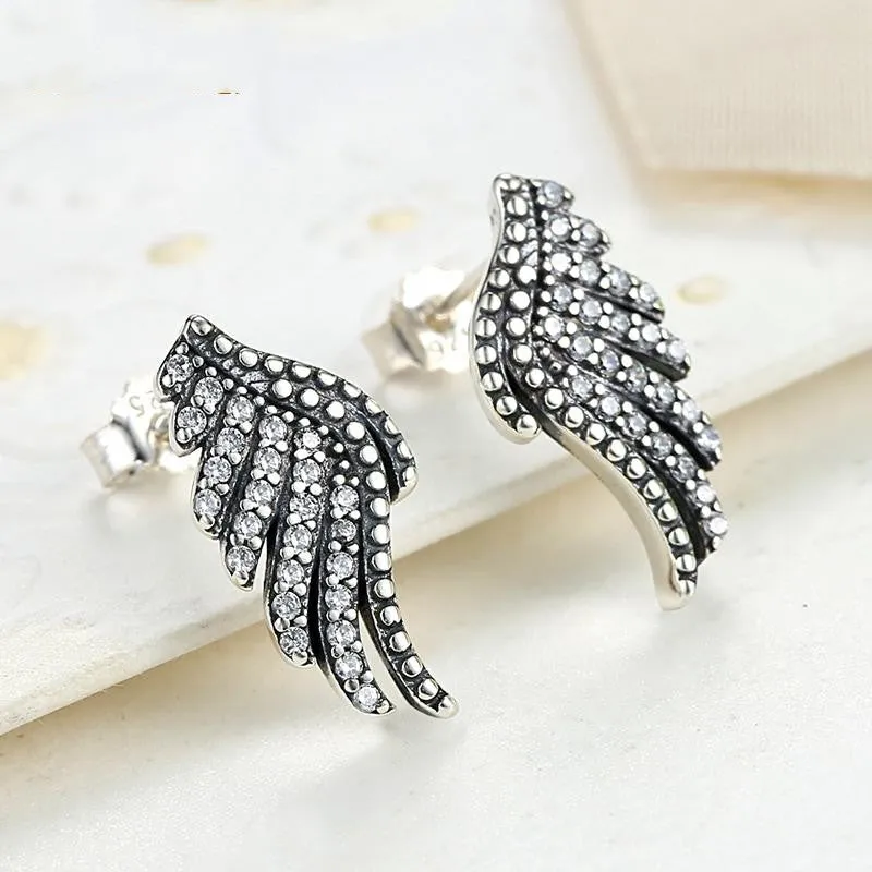 Vintage Authentic 100% 925 Sterling Silver Majestic Feathers Phoenix-Wing Stud Earrings With White Clear CZ