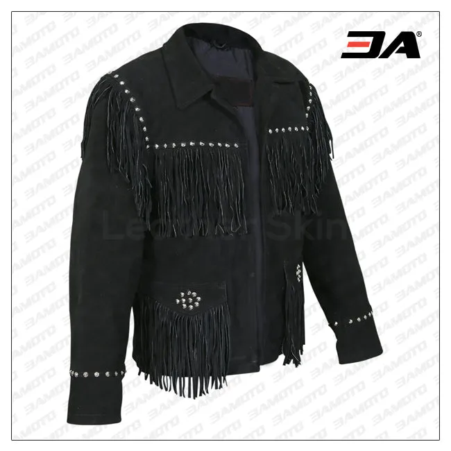 Women Black Western Fringes Cone Spike Studs Suede Leather Jacket