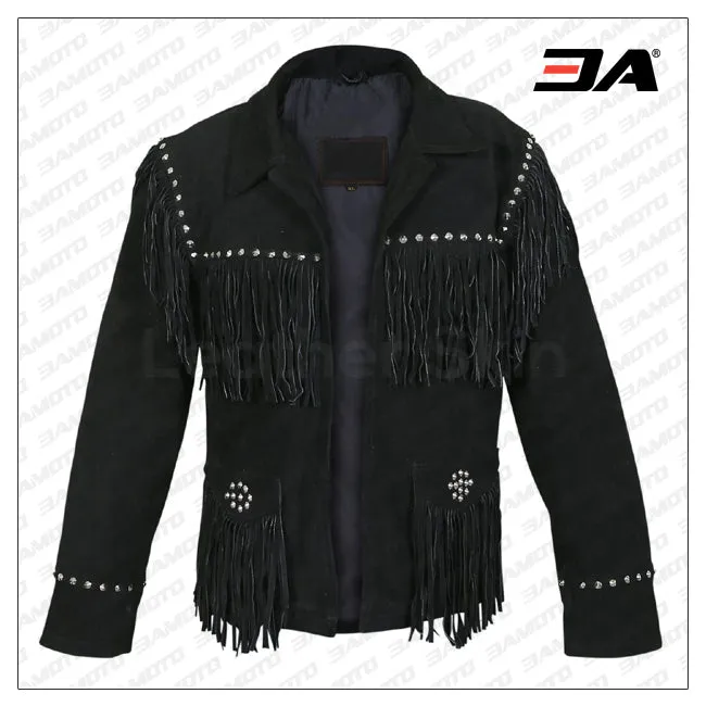 Women Black Western Fringes Cone Spike Studs Suede Leather Jacket