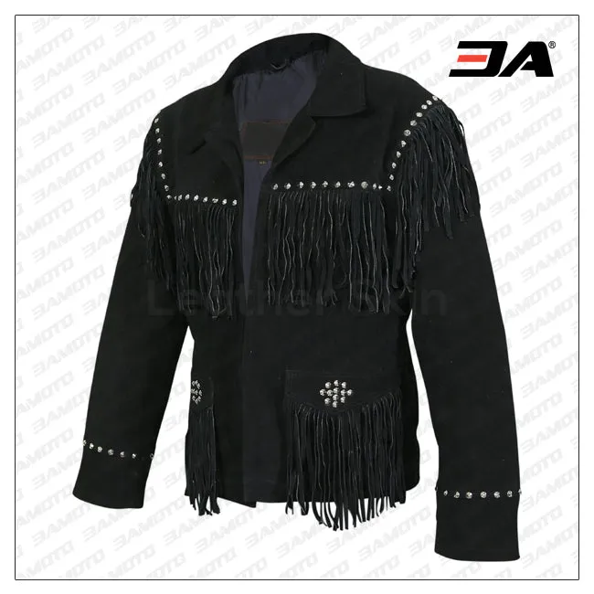 Women Black Western Fringes Cone Spike Studs Suede Leather Jacket