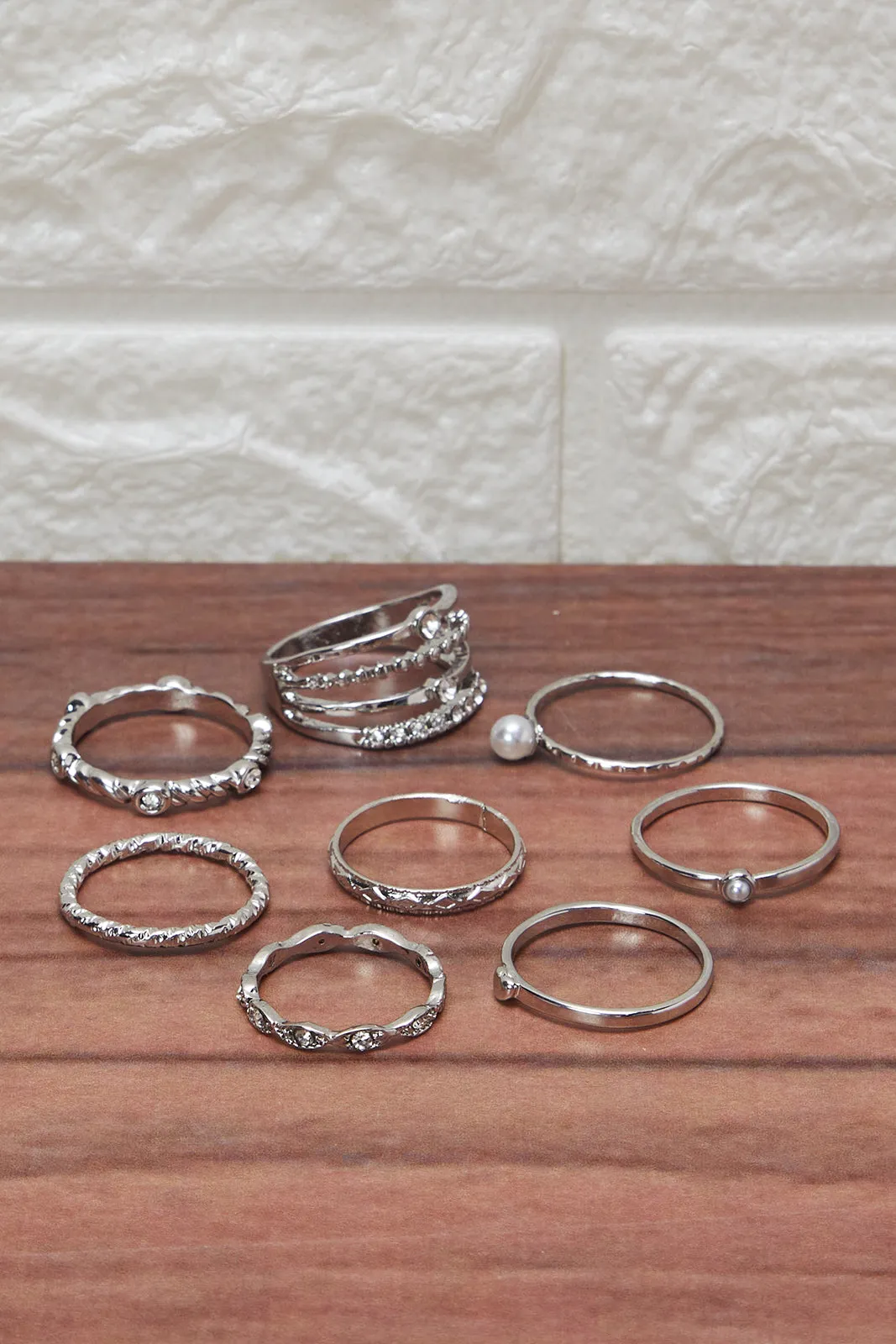 Women Silver Embellished Ring Set (8 Piece)