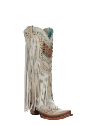 Women's Embroidery & Fringe Snip Toe Bone Cowgirl Boots by Corral