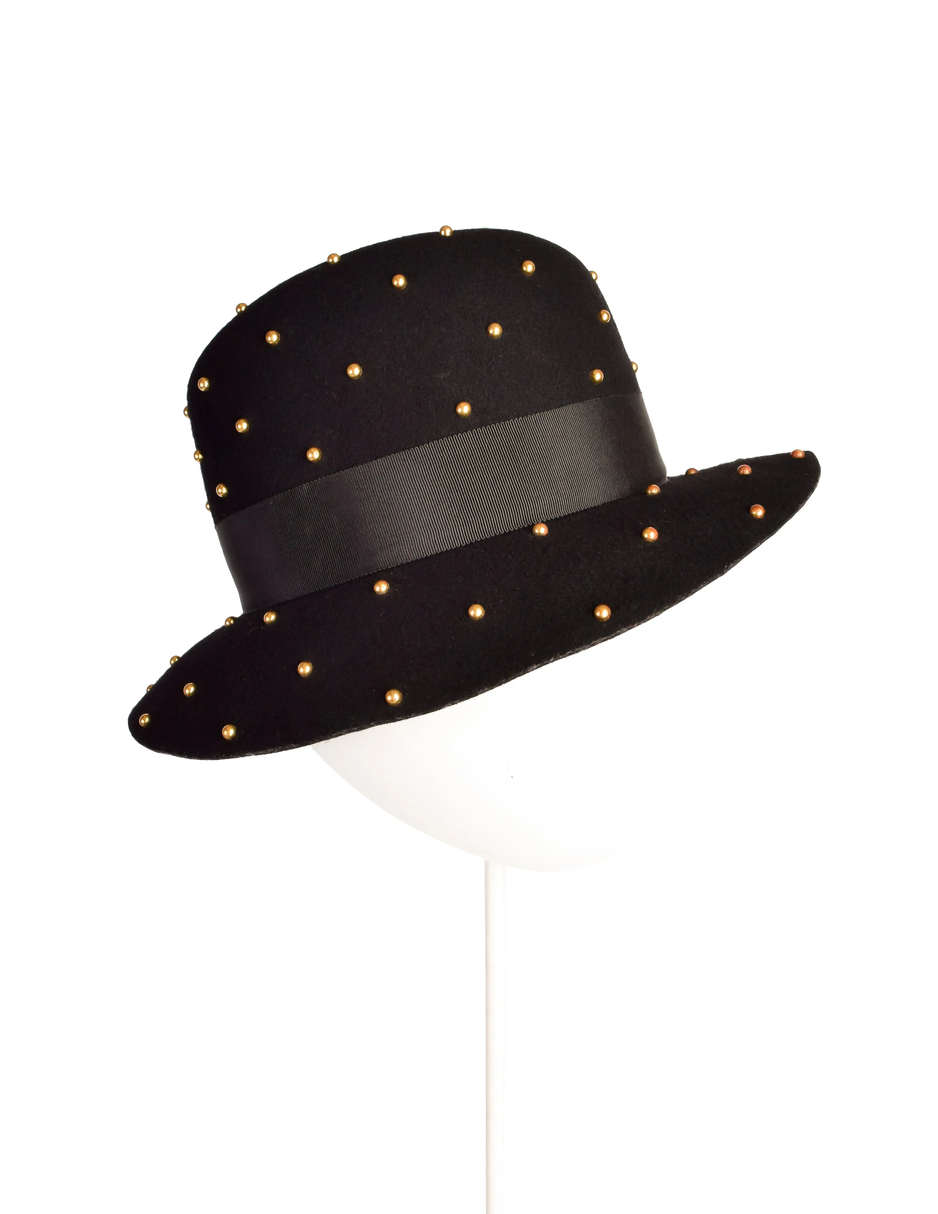 Yves Saint Laurent Vintage 1970s Black Wool Brass Studded Hat