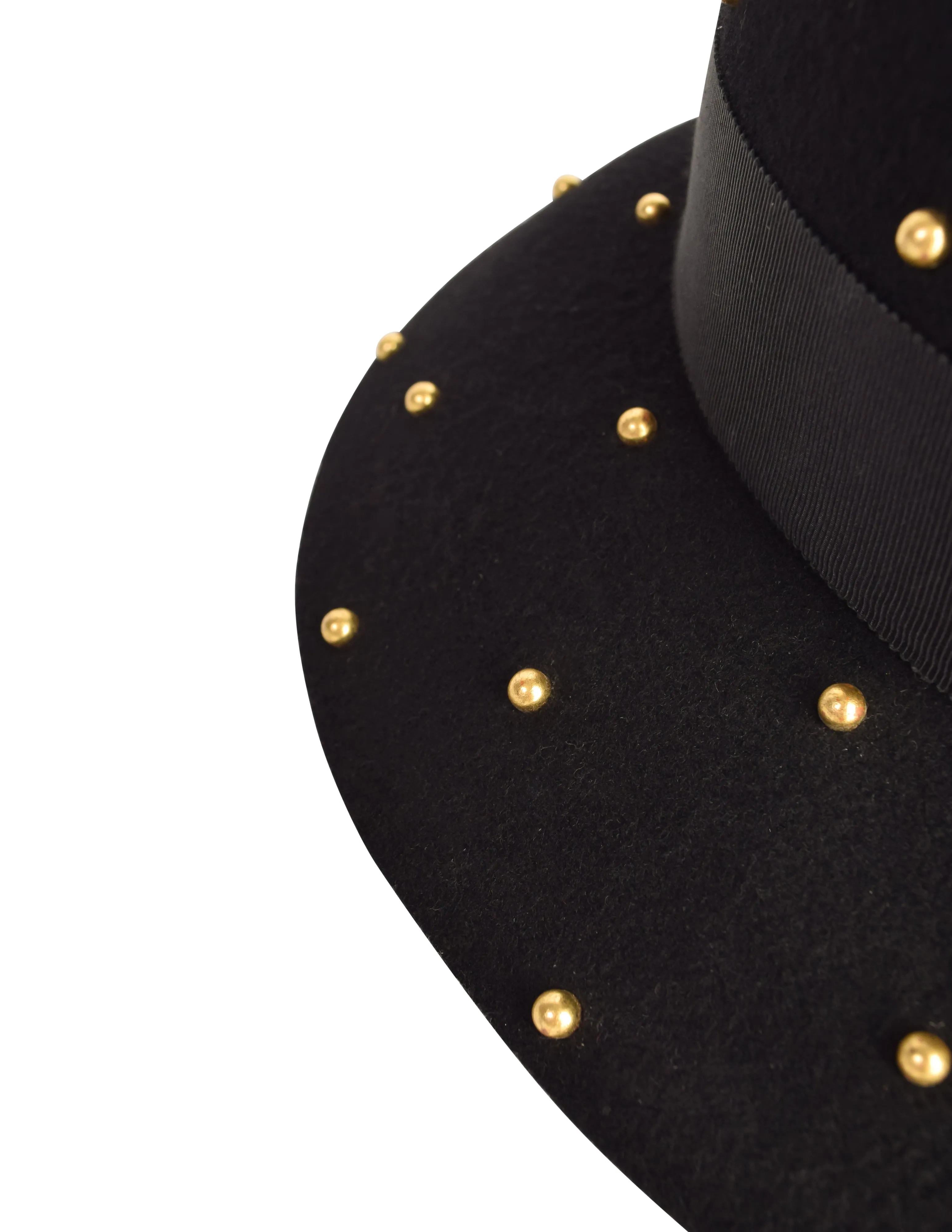 Yves Saint Laurent Vintage 1970s Black Wool Brass Studded Hat