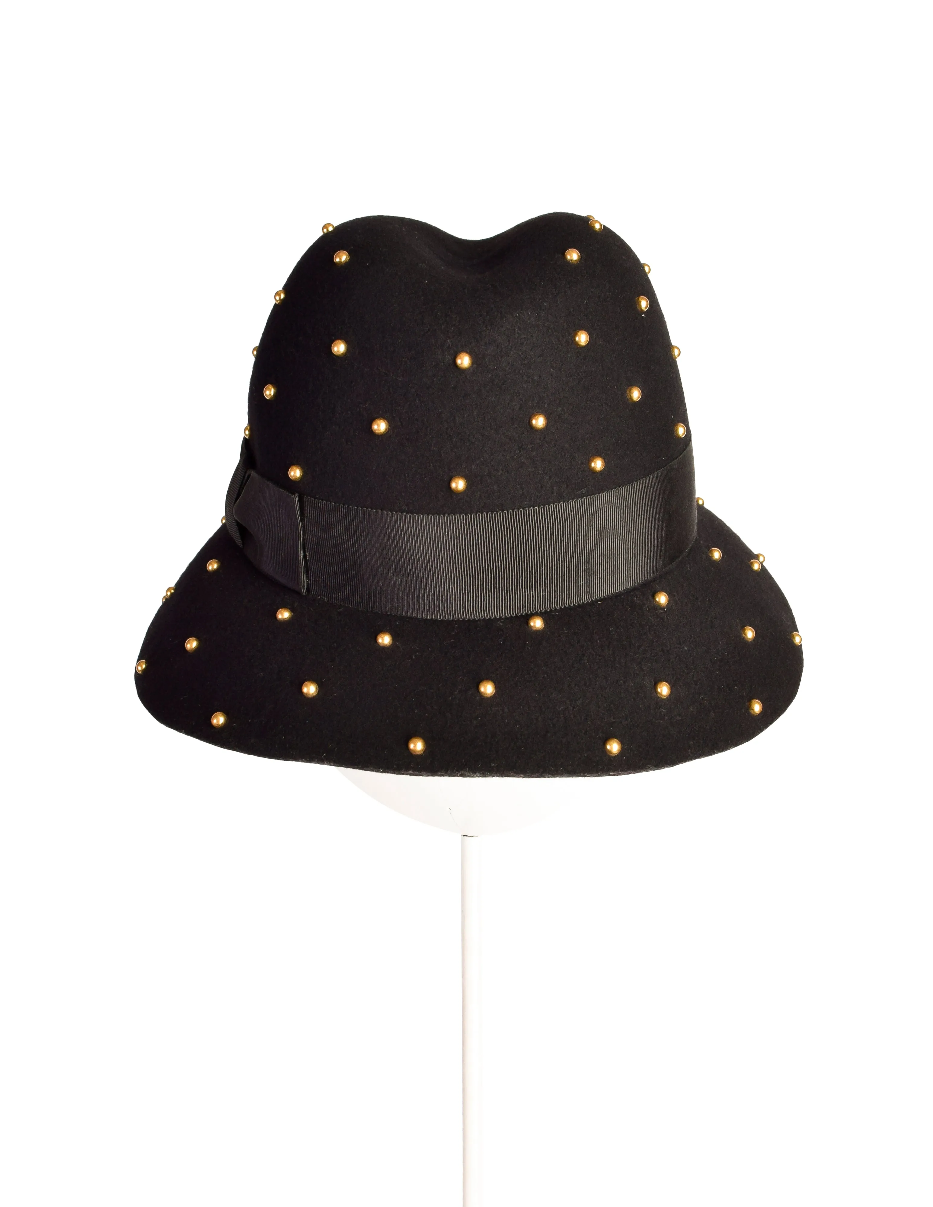 Yves Saint Laurent Vintage 1970s Black Wool Brass Studded Hat