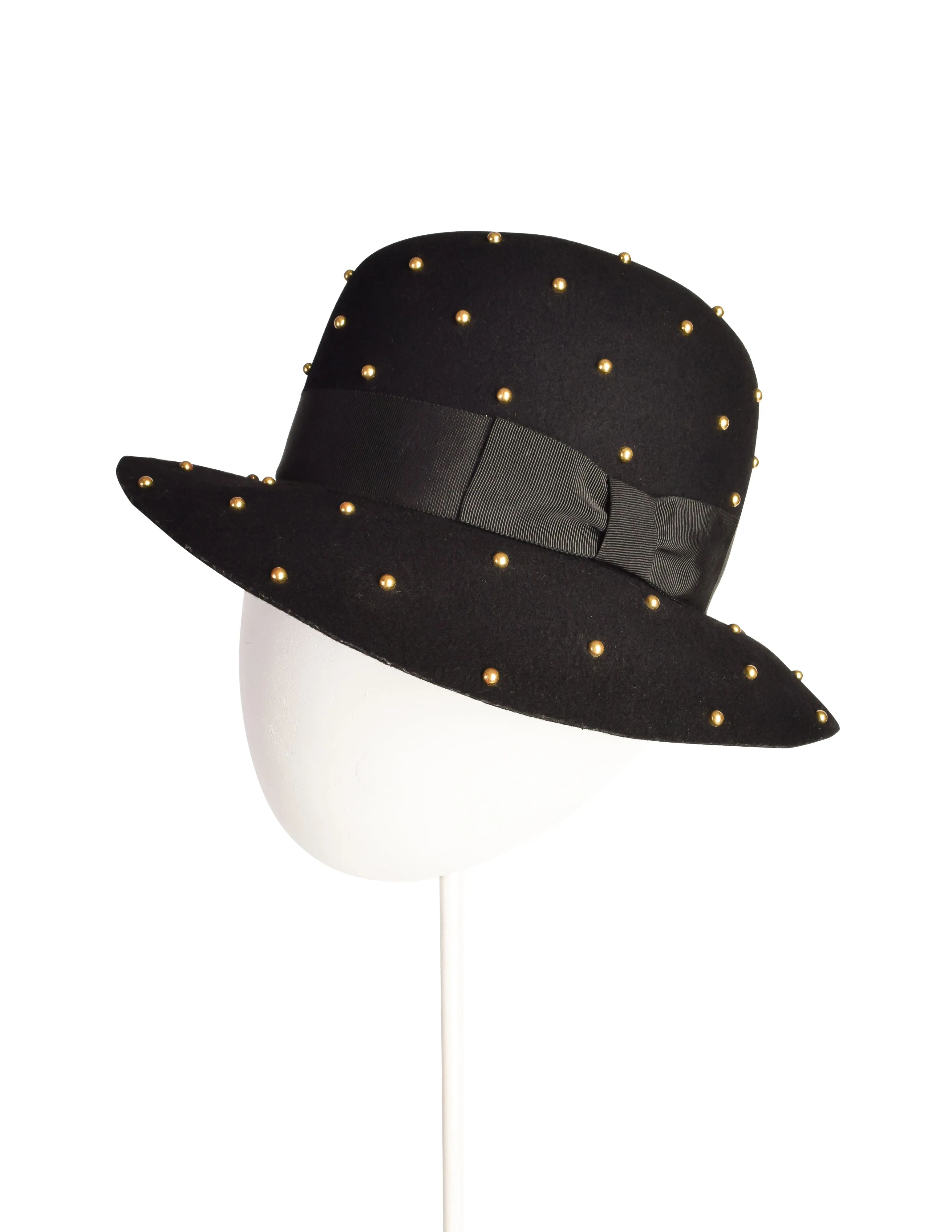 Yves Saint Laurent Vintage 1970s Black Wool Brass Studded Hat