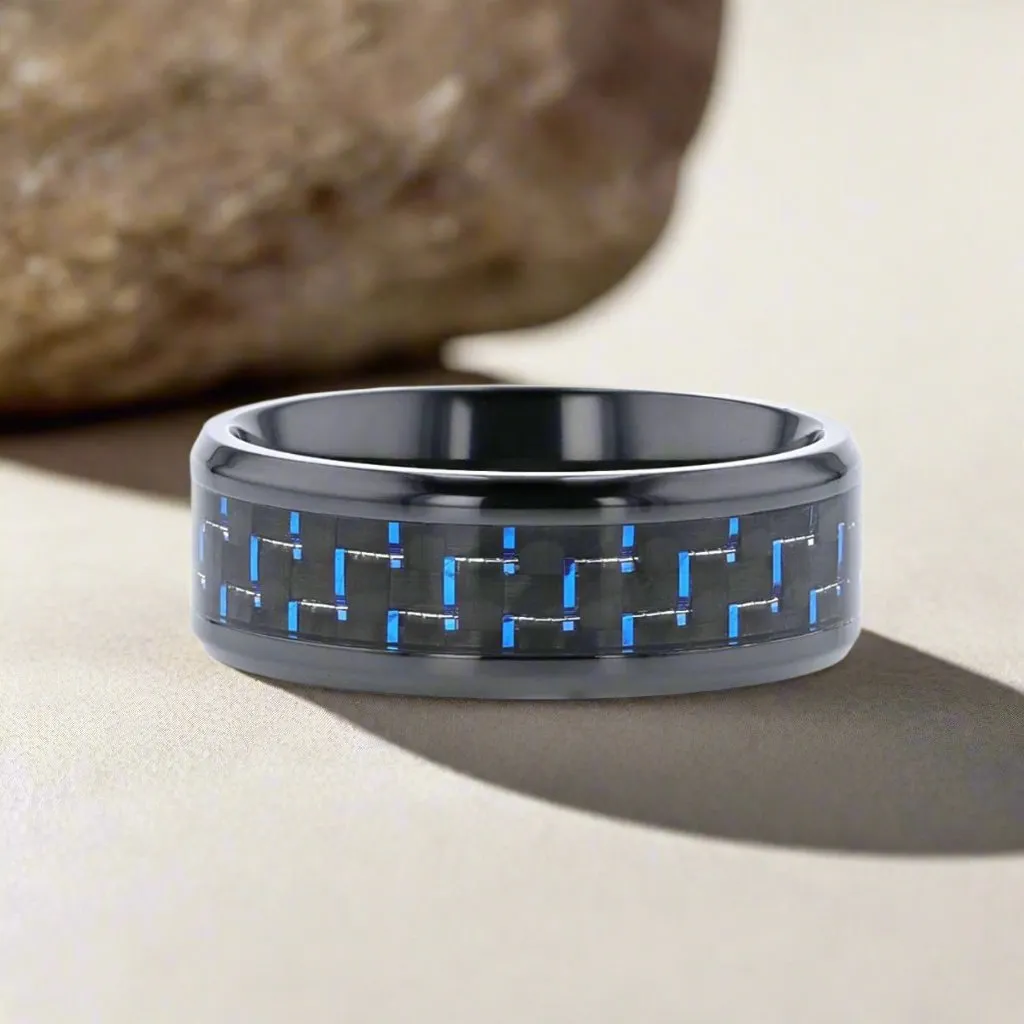 ZAYDEN | Black Titanium Ring, Blue & Black Carbon Fiber Inlay, Beveled