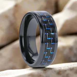 ZAYDEN | Black Titanium Ring, Blue & Black Carbon Fiber Inlay, Beveled