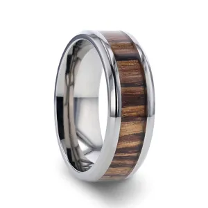 ZINGANA | Silver Titanium Ring, Zebra Wood Inlay, Beveled